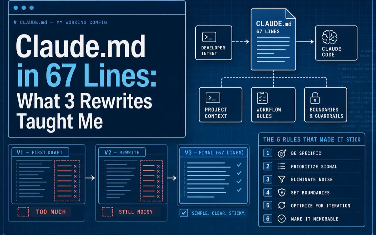 Claude.md in 67 Lines: What 3 Rewrites Taught Me technical illustration for AI Workflow Pro readers