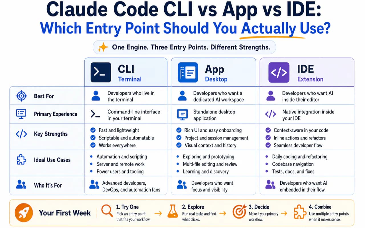 Claude Code CLI vs App vs IDE: Which Entry Point Should You Actually Use? technical illustration for AI Workflow Pro readers
