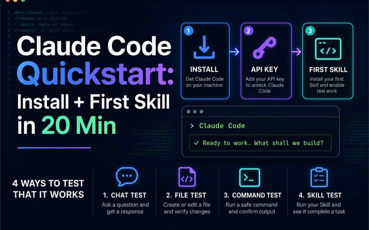 Claude Code Quickstart: Install + First Skill in 20 Min technical illustration for AI Workflow Pro readers