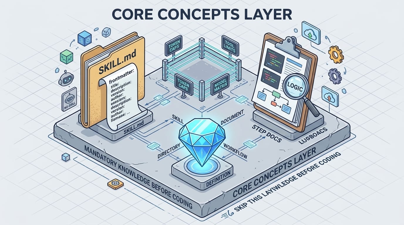 Core concepts layer — isometric foundation slab with SKILL.md, constraints, step docs, and definition pillars