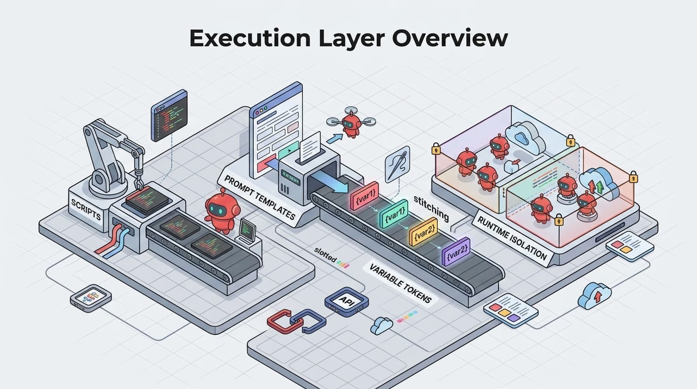 Execution layer — isometric factory floor with scripts, prompt templates, and variable placeholders stitched together