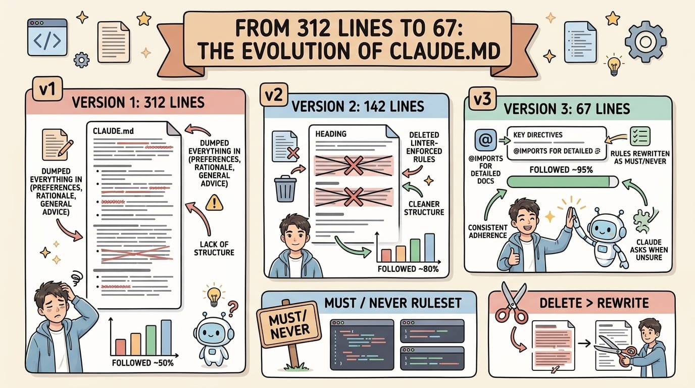 From 312 Lines to 67: v1 vs v2 vs v3 CLAUDE.md