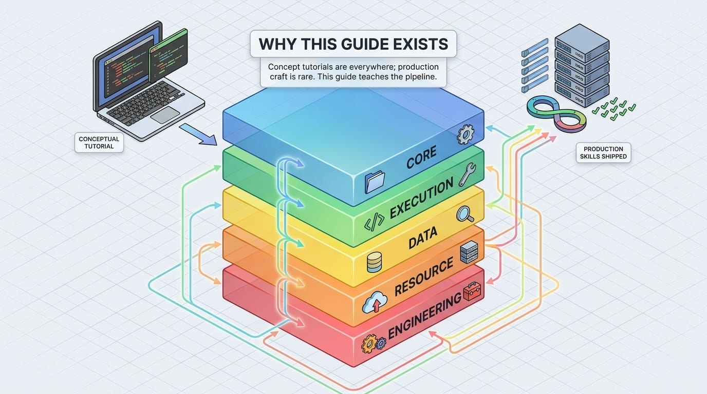 Skill development guide overview — isometric five-layer stack showing Core, Execution, Data, Resource, and Engineering
