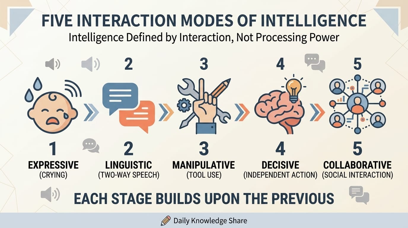 Five stages of intelligence evolution diagram showing progression from basic output to social coordination with AI development timeline
