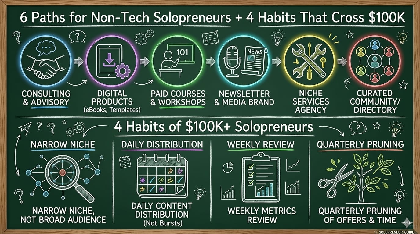 6 Paths for Non-Tech Solopreneurs + 4 Habits That Cross $100K
