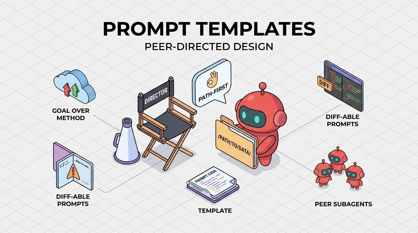 Prompt templates — isometric director chair pointing at SubAgent with path-first speech bubble and folder