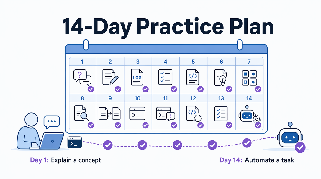 Calendar grid showing 14 days with checkmarks and small icons for each practice task, purple accent on checkmarks