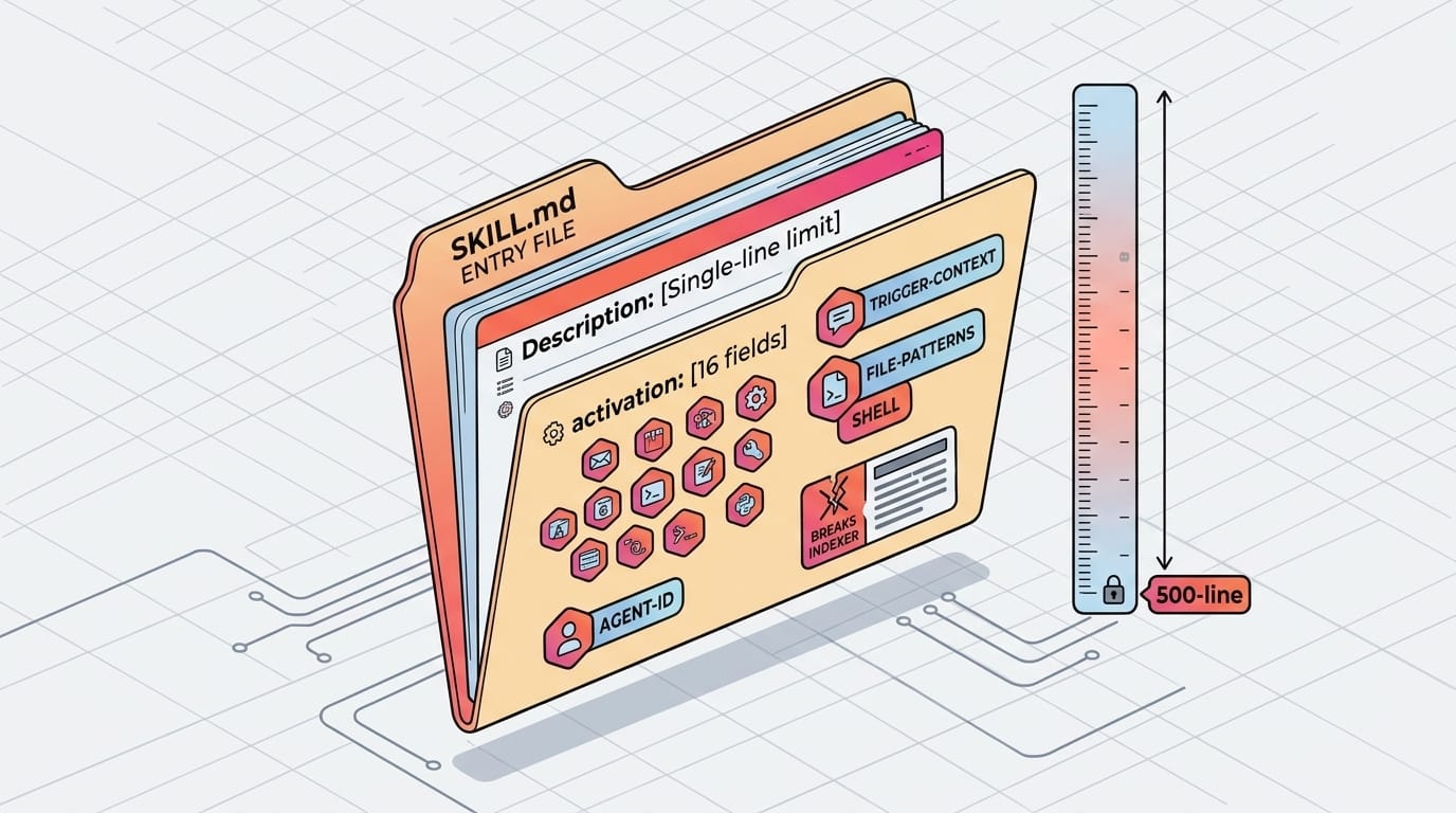 SKILL.md entry file — isometric file card with 16 frontmatter field badges and 500-line ceiling ruler