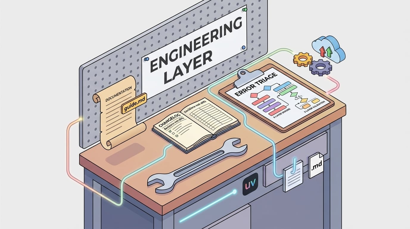 Engineering layer — isometric workshop with wrench, guide scroll, changelog ledger, and error-triage diagram