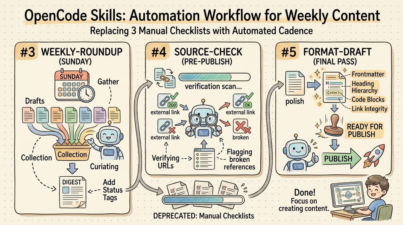 Skills #3, #4, #5: weekly-roundup + source-check + format-draft