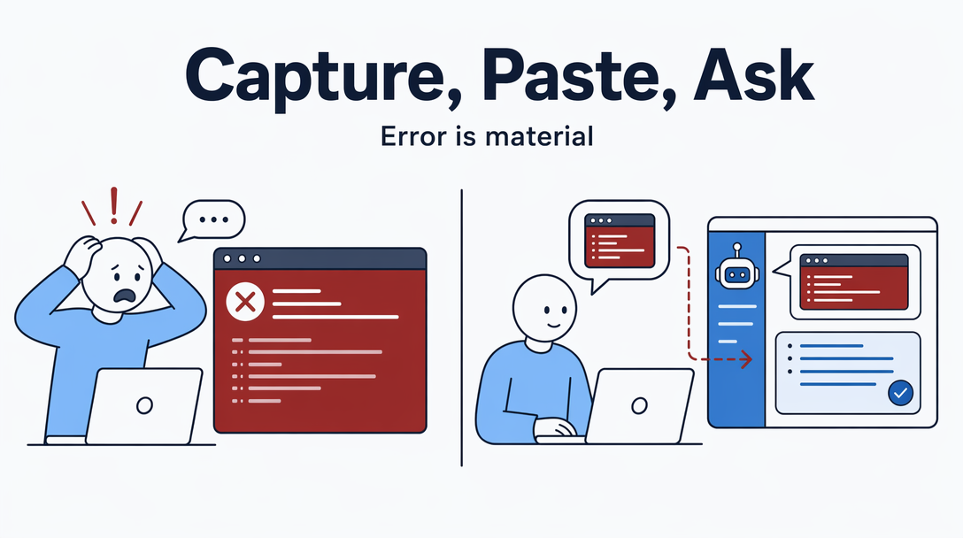 Two-panel scene: left shows a person panicking at a red error screen, right shows the same person calmly pasting the error into an agent interface