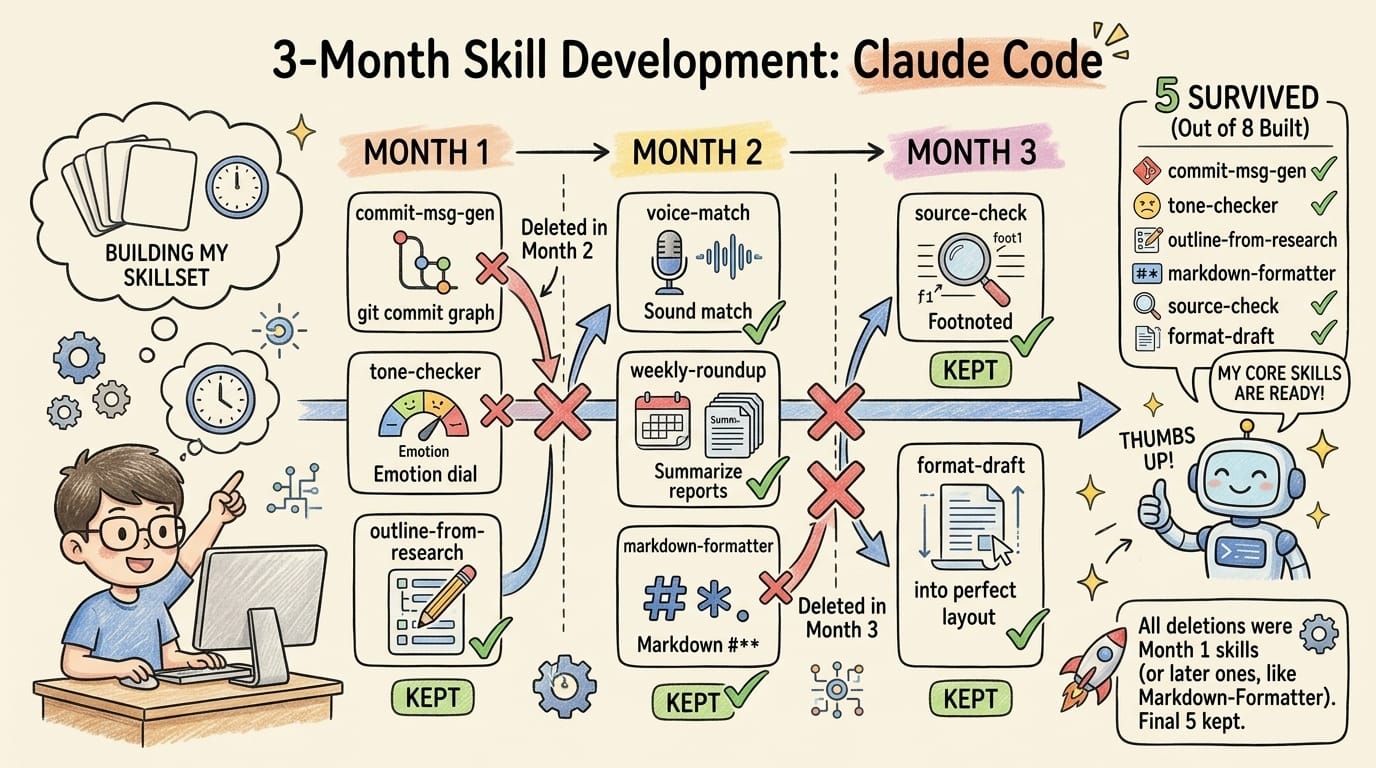 3-Month Timeline: 8 Claude Code Skills Built, 5 Survived