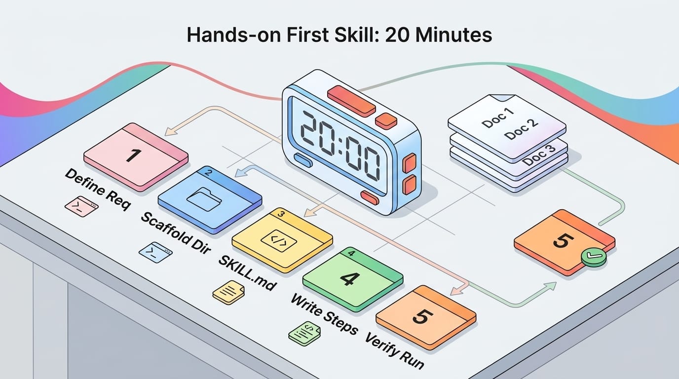 Hands-on first Skill — isometric 20-minute timer above five numbered sticky cards and three minimal documents