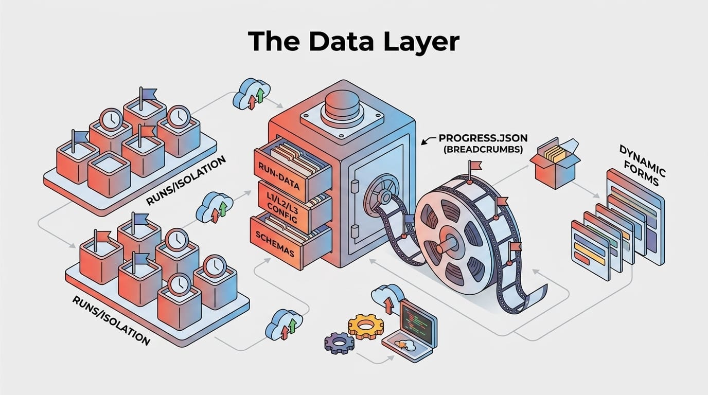 Data layer — isometric storage vault with runs, config, schema drawers and progress.json checkpoint tape