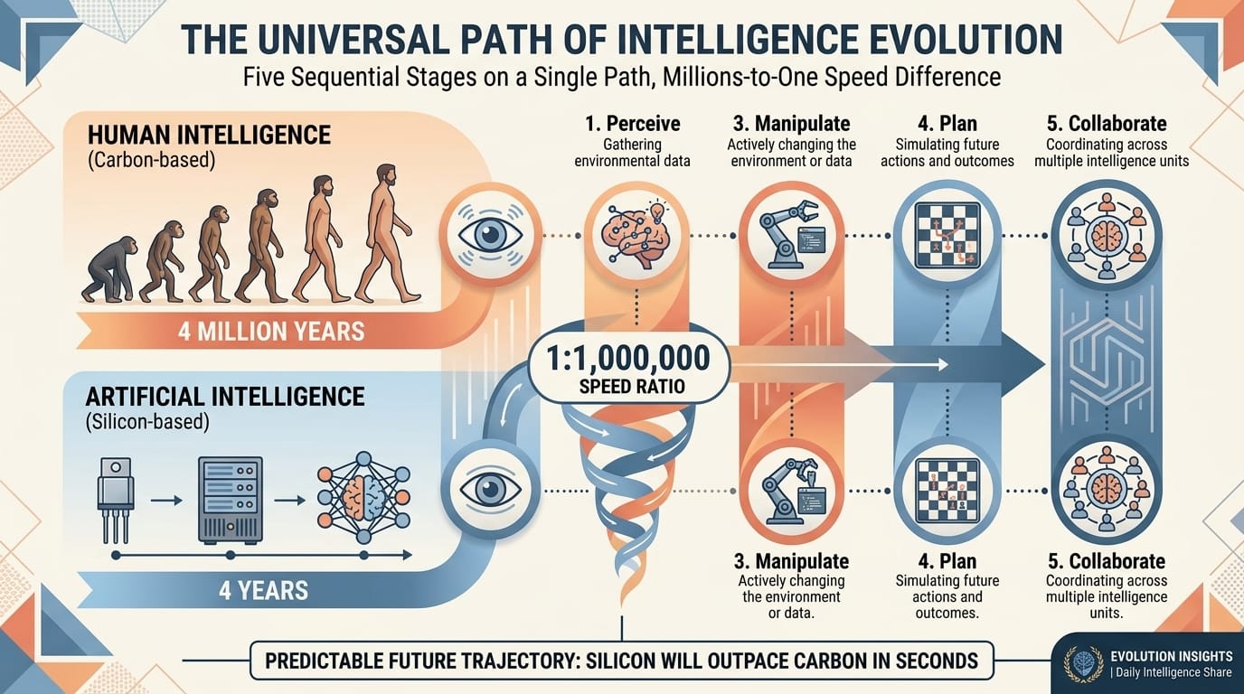 Parallel timeline comparing 4 million years of human intelligence evolution with 4 years of AI development following identical stages