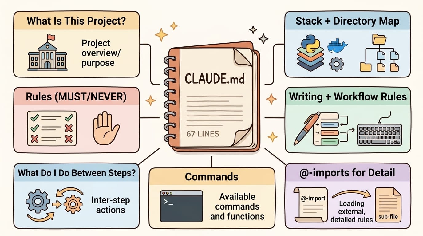 The 7 Sections of a 67-Line CLAUDE.md: What Each Question Answers