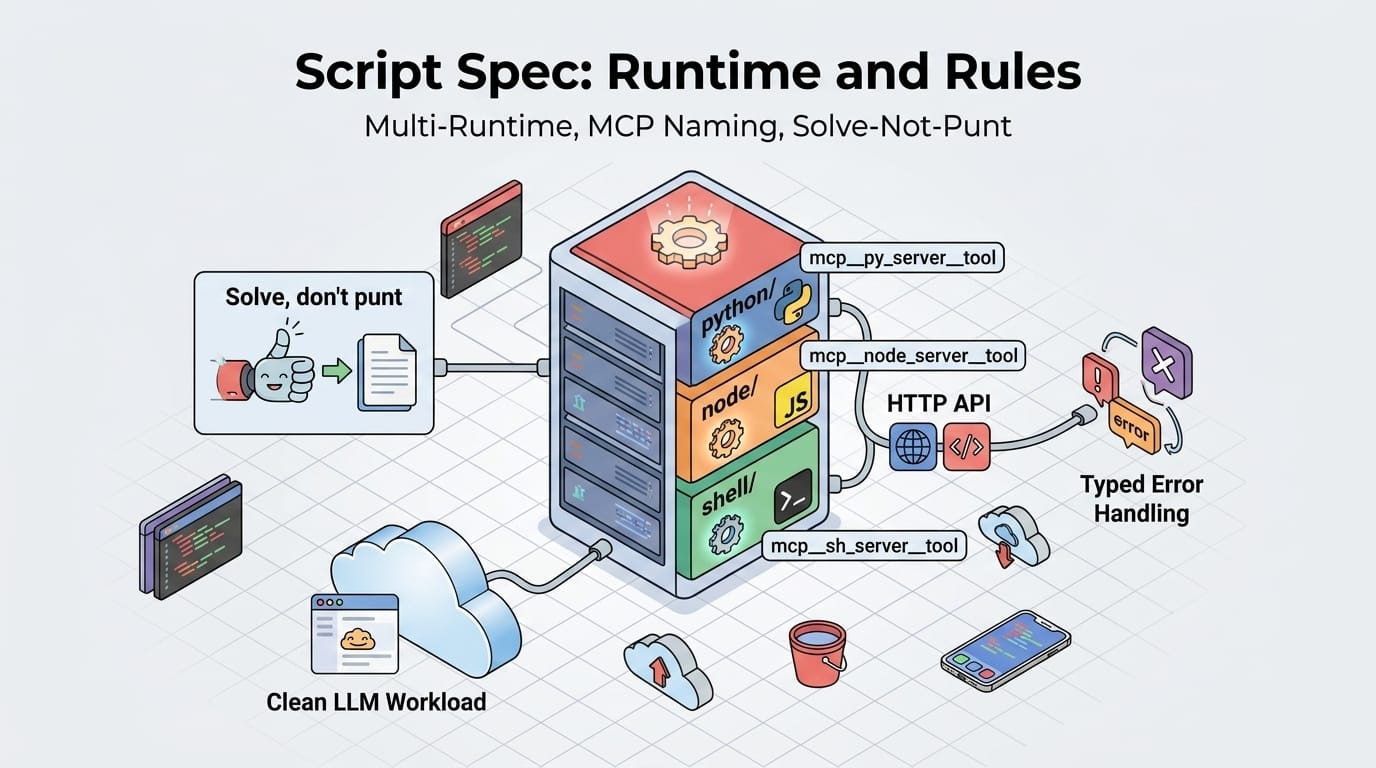 Script spec — isometric server rack with Python, Node, and Shell runtime boxes and HTTP cabling