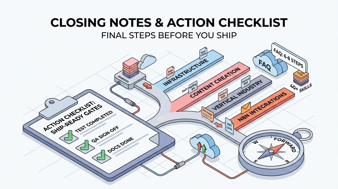 Closing notes — isometric action checklist clipboard and compass pointing to a four-lane roadmap of the 100 Skills series
