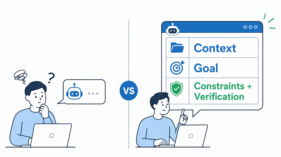 Split-screen illustration comparing a weak request 'Can you help me write a script?' with a structured request showing context, goal, constraints, and verification