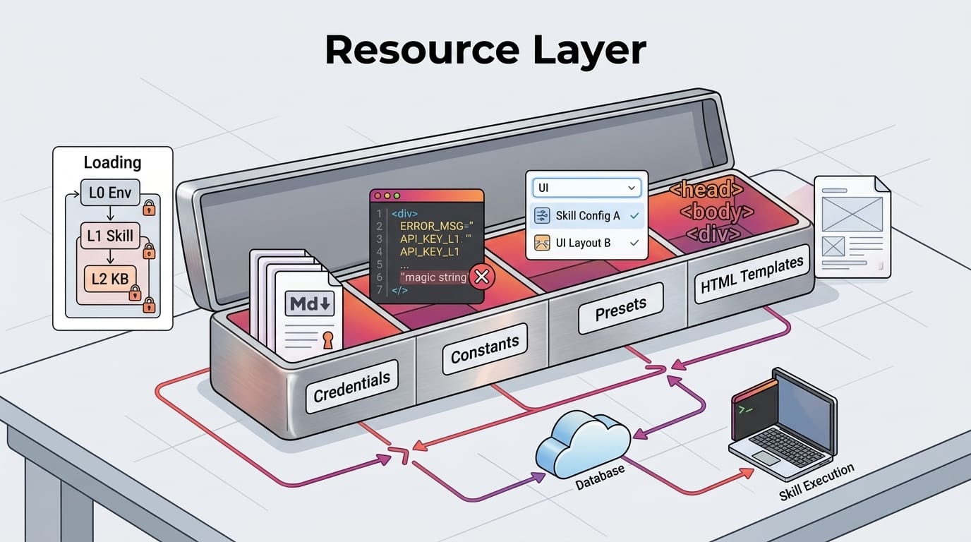 Resource layer — isometric toolbox with credentials, constants, presets, and HTML template compartments