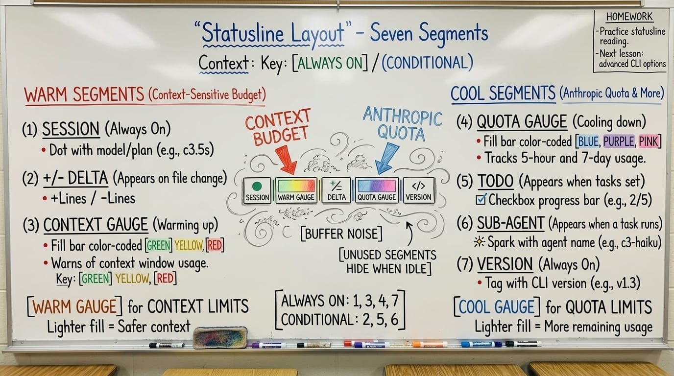Claude Code statusline seven-segment layout: session, code delta, context bar, quota, todo, sub-agent, version — warm and cool palettes contrasted