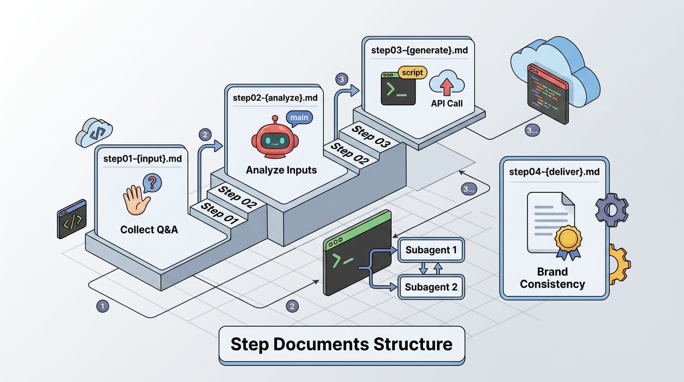 Step documents — isometric staircase of numbered step cards with executor badges and flow arrows